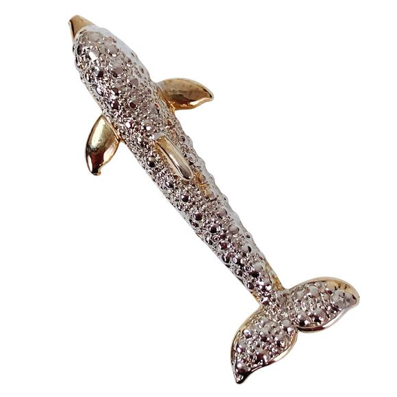 VTG 80s 90s Dolphin Brooch Two Tone Silver Gold Costume Marine Figural Jewelry - Picture 3 of 11